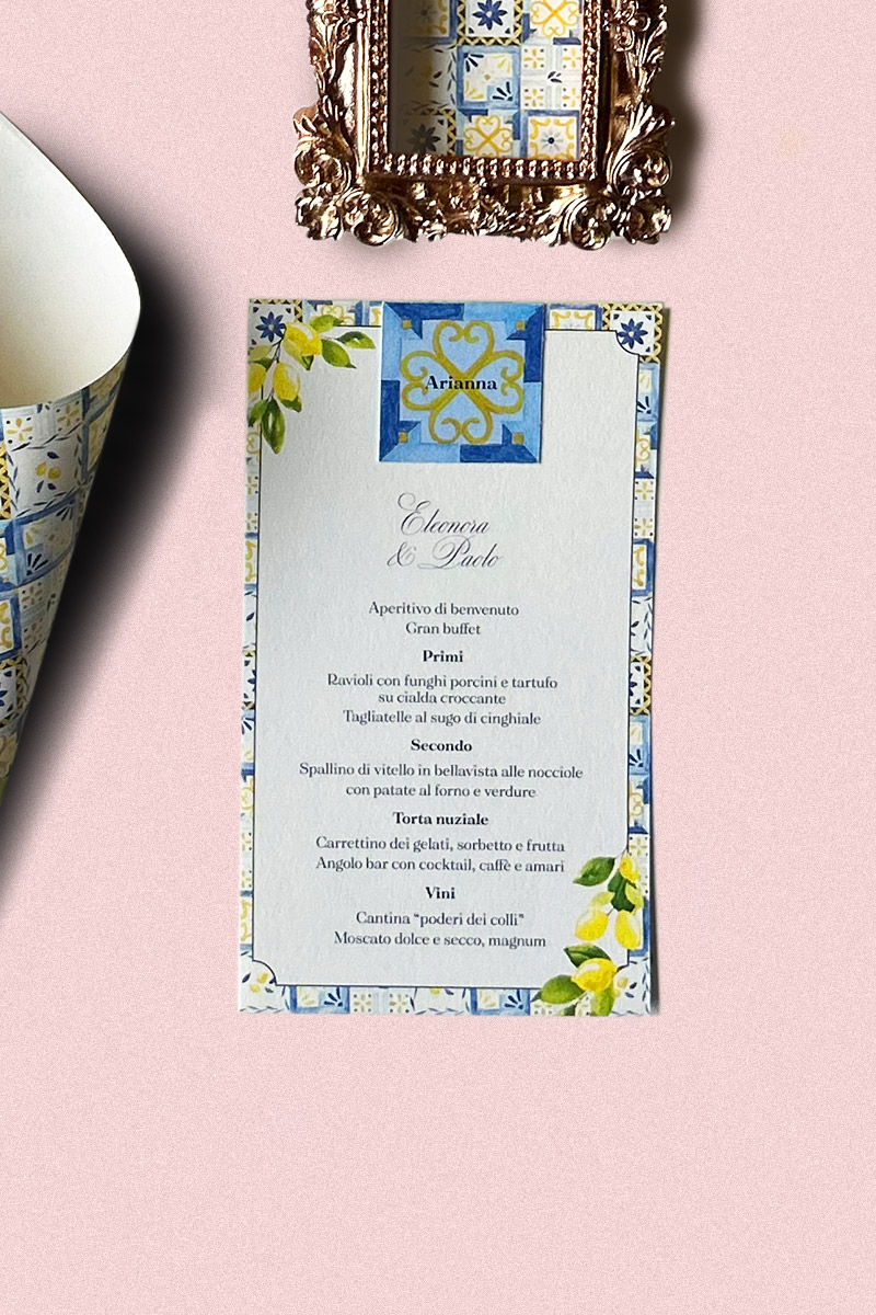 Menù di Nozze con Tag segnaposto Collezione La Dolce Vita - Coordinato matrimoniale in stile mediterraneo per un matrimonio romantico Menù di Nozze con Tag segnaposto Collezione La Dolce Vita