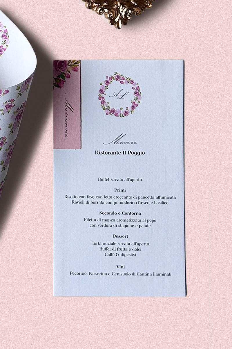Menù di Nozze con Tag segnaposto Collezione Romance - Coordinato matrimoniale ispirato alle rose per un matrimonio romantico Menù di Nozze con Tag segnaposto Collezione Romance